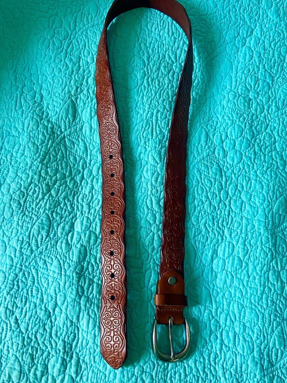 Kimchi Blue Tooled Brown Leather Belt with Silver Buckle